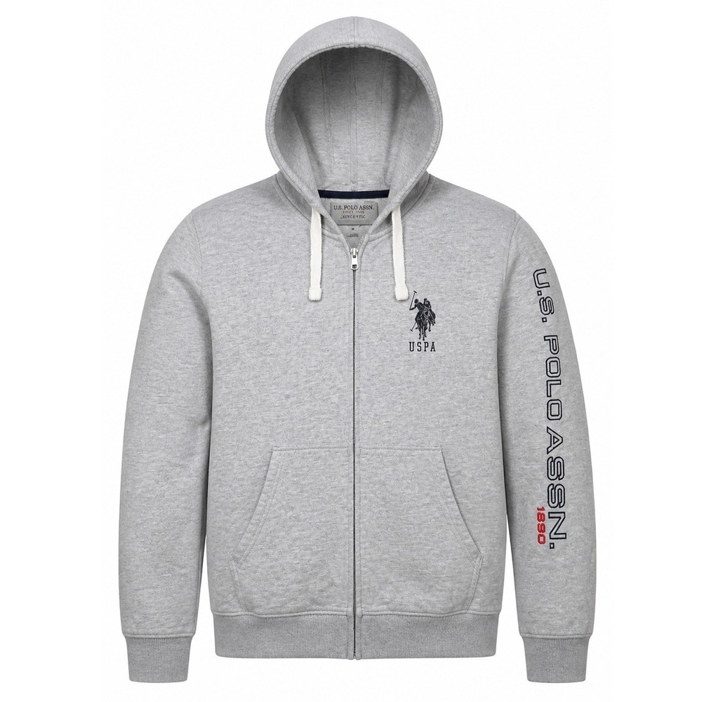 U.S. Polo Assn. Men's Zip Hoodie 2XL Logo Sleeve Graphic Heather Gray